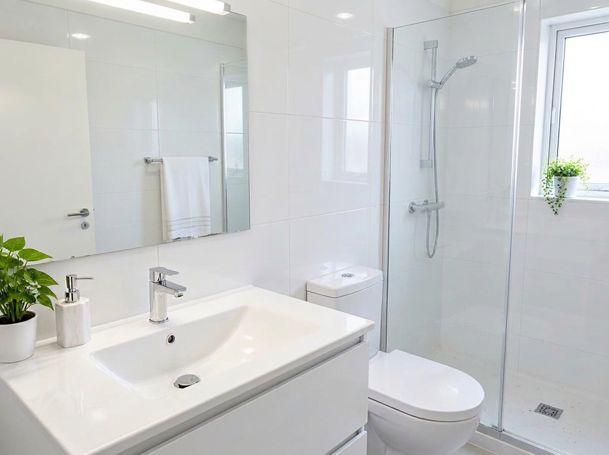 Illustrative bathroom with cleaned glass, mirror and surfaces