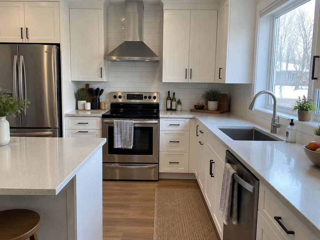 Illustrative bright kitchen with white cabinets, a stainless steel stove and fridge, and a sink under a window