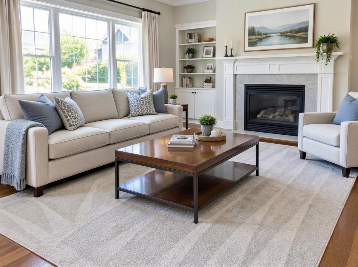 Illustrative living room with a sofa, coffee table on a vacuumed rug and a fireplace